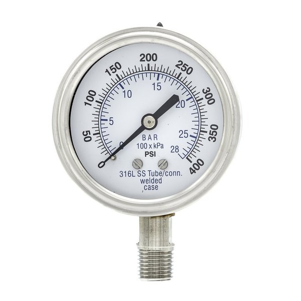 Pic Gauges Gauge, 2.5", 0/400psi, 1/4"Low Mount, SS PRO-301D-254I-01